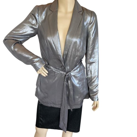 Anthropologie Maeve Slinky Silver Metallic Trench Coat Style Jacket Sz. 0 - Picture 1 of 8